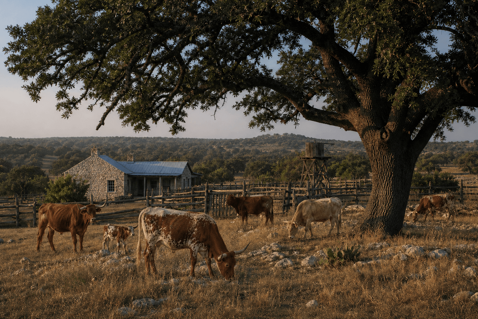 Longhorn cattle and a calf grazing near a limestone ranch house and corrals in central Texas