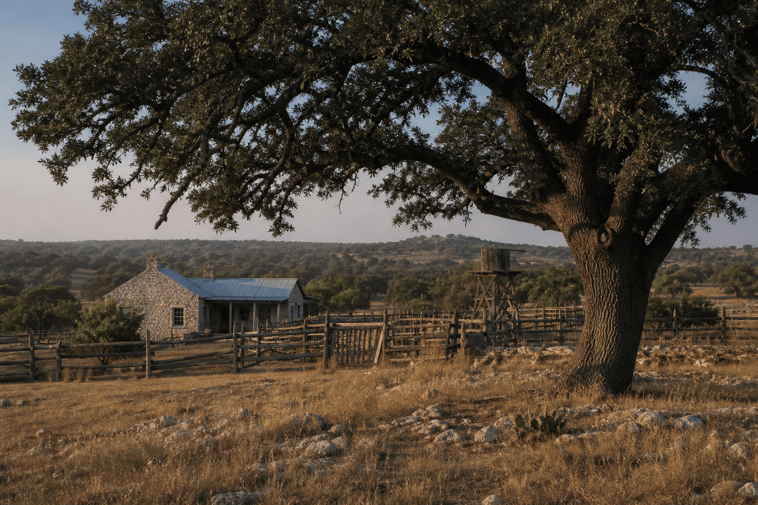 A limestone ranch house and corrals beneath a live oak in central Texas
