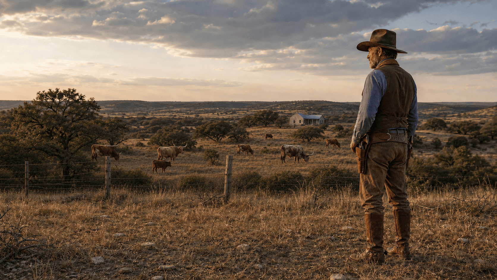 Bison Jay overlooking grazing longhorn cattle and his limestone homestead in central Texas