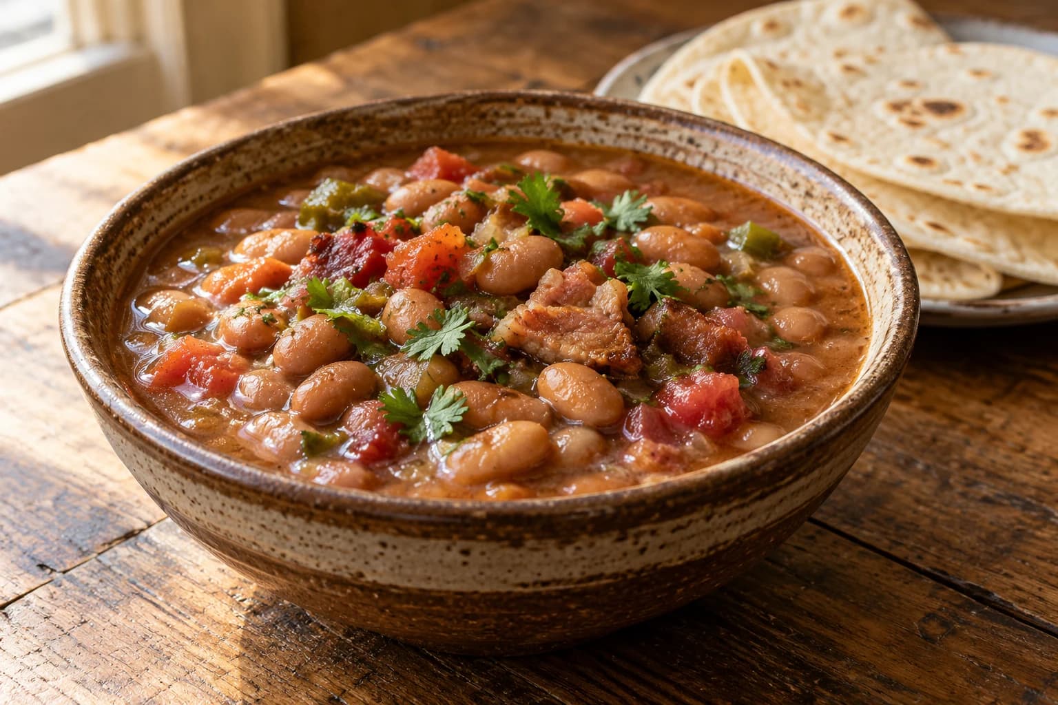 Illustration of pinto beans with chiles, served beside tortillas