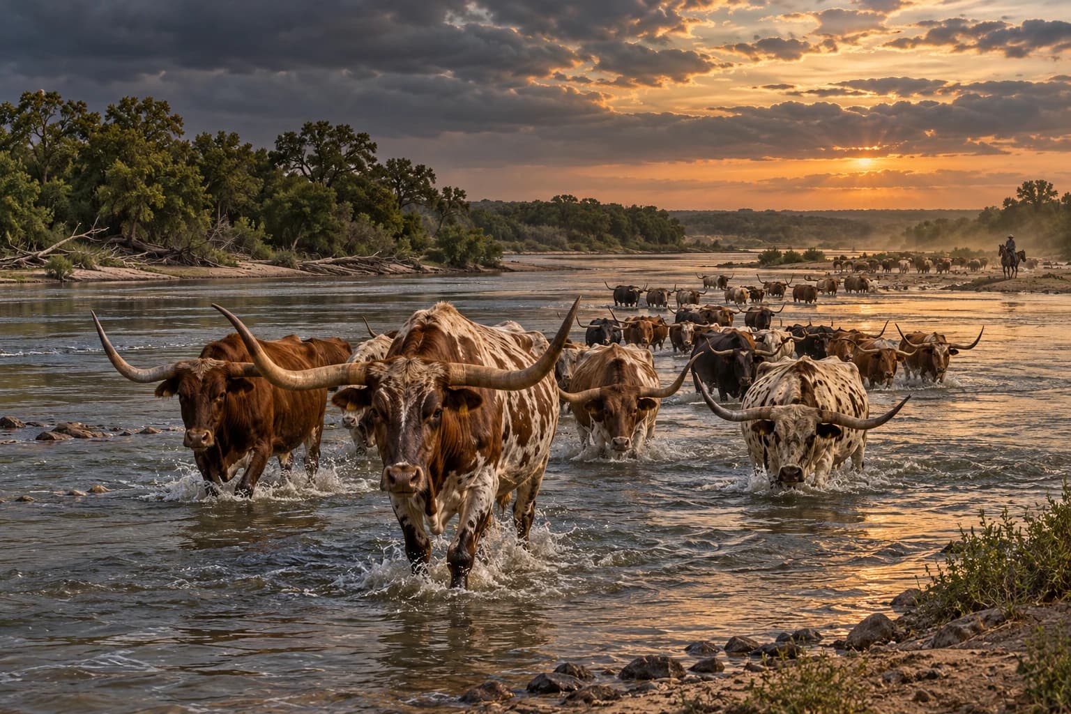 Illustration of longhorn cattle crossing a river at dusk, with a trail hand on the far bank