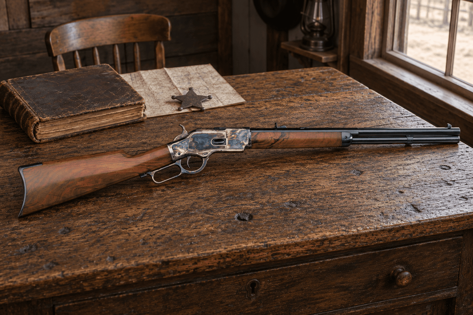 Illustration of the walnut-stocked 1873 Trapper rifle laid across Bison Jay’s sheriff’s office desk in the window light