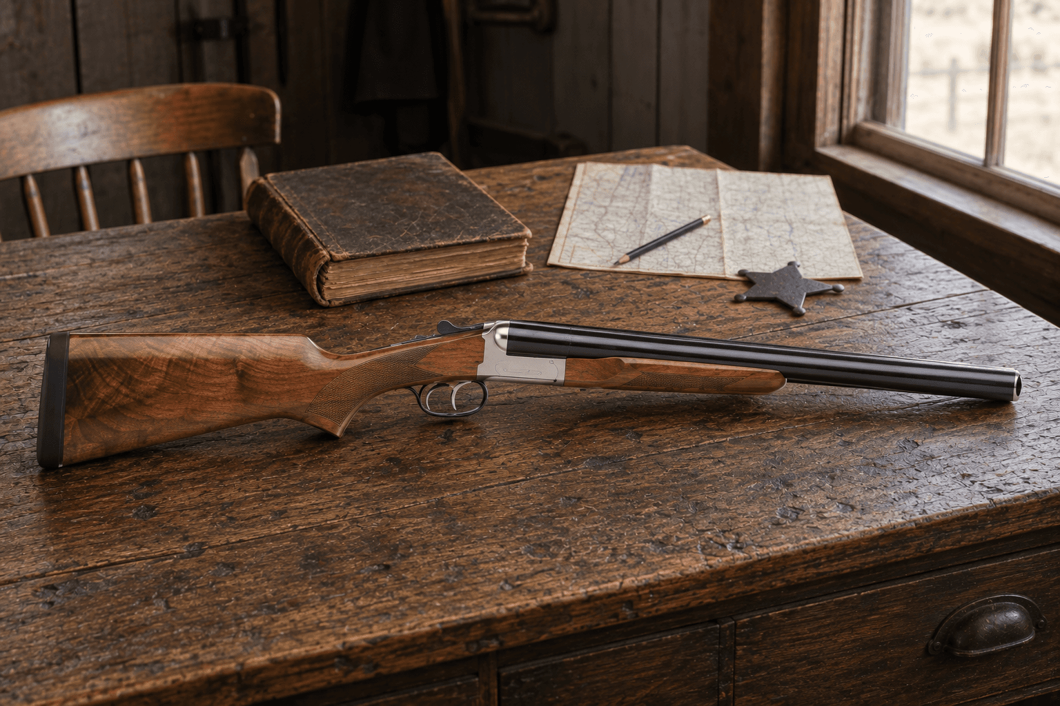 Illustration of the Coach Gun Supreme on Bison Jay’s sheriff’s office desk, showing its stainless receiver, blued barrels, and double triggers