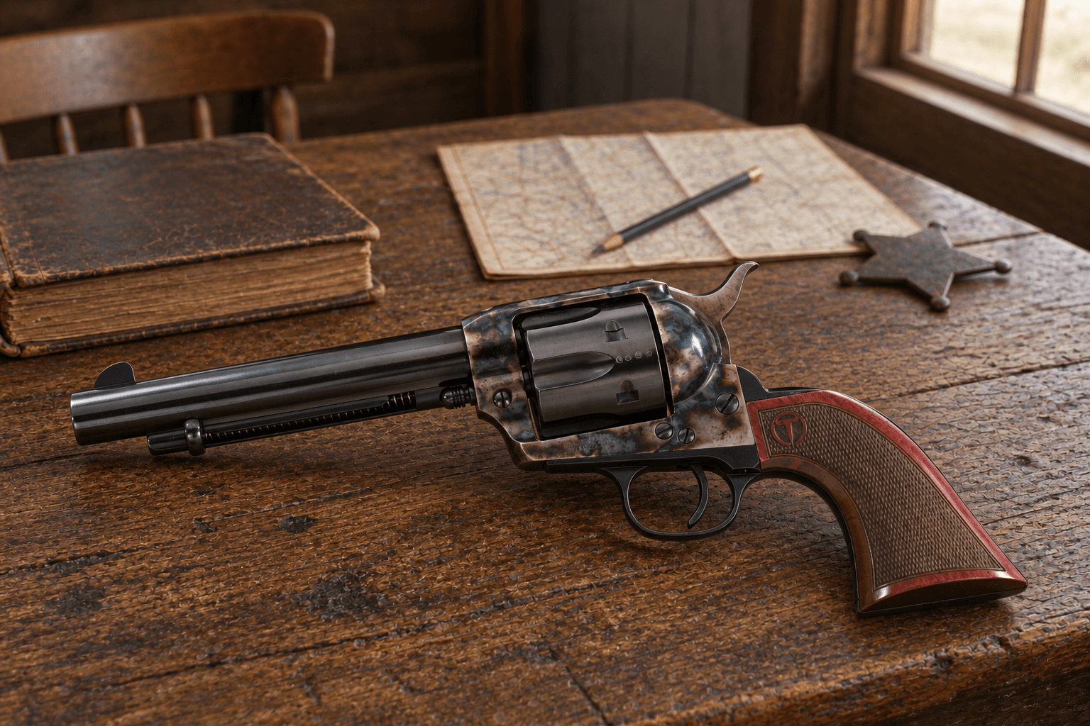 Illustration of the Smoke Wagon revolver resting on Bison Jay’s sheriff’s office desk, with a leather ledger and star behind it